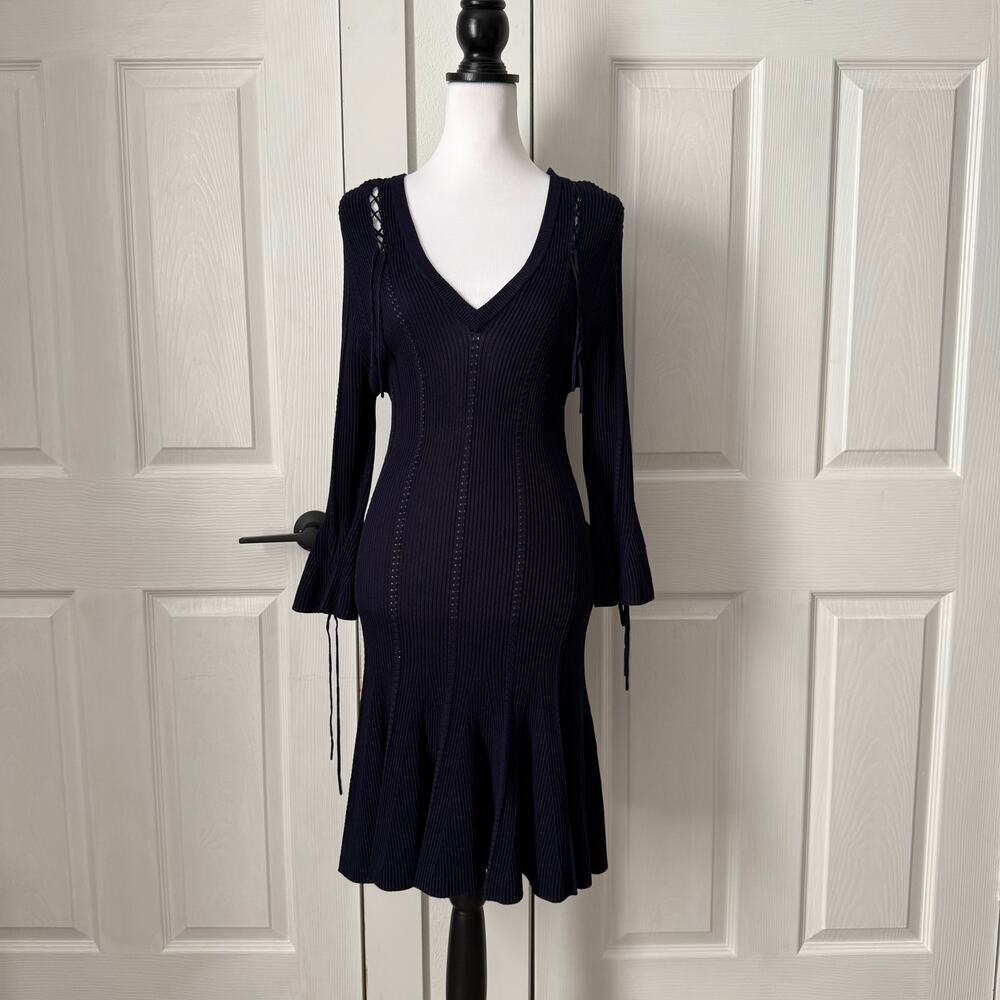 Jonathan Simkhai Women's Navy V-Neck Linked Rib Knit Dress Size Large